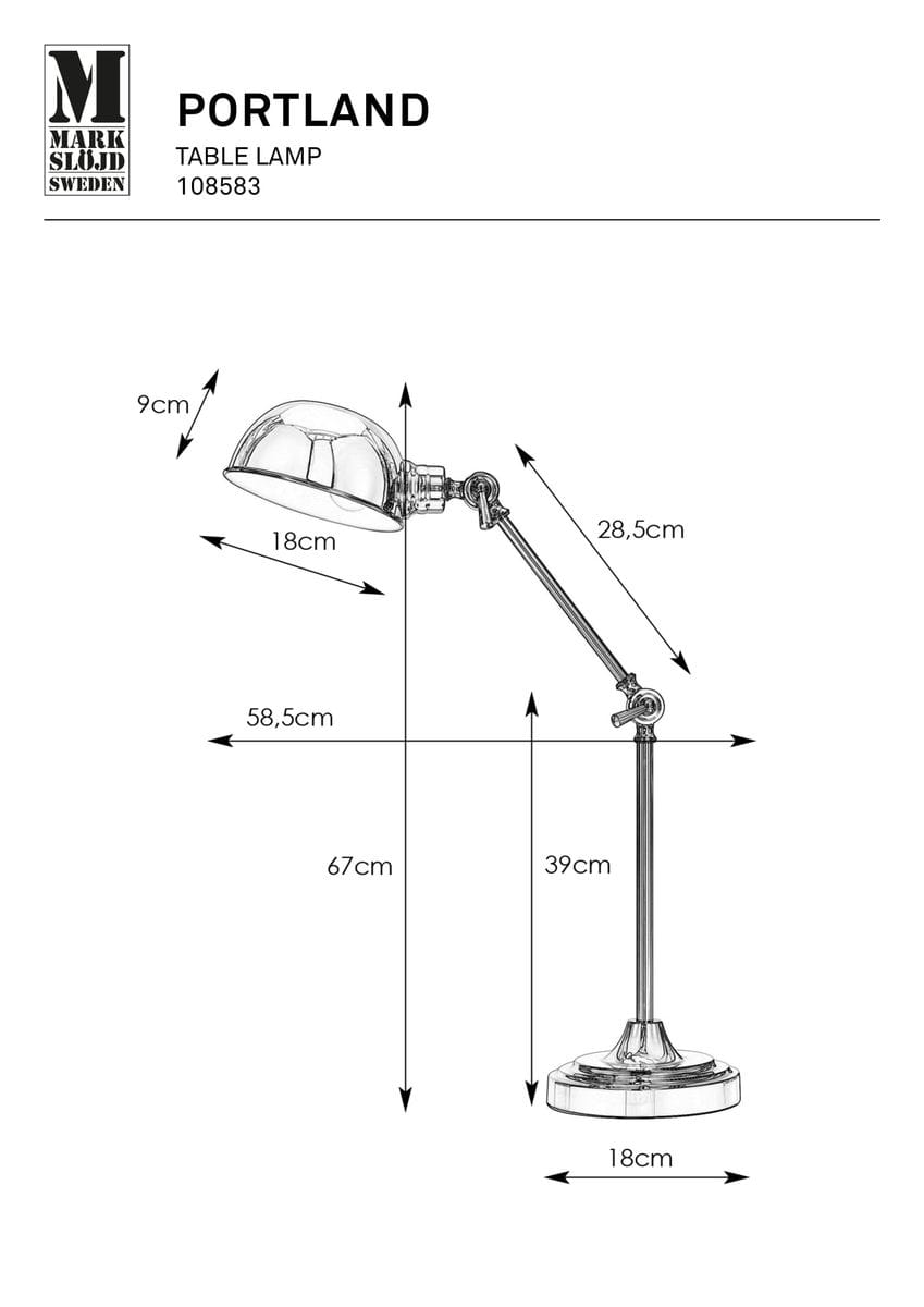 Lampa biurkowa Portland w kolorze chromowanym z kloszem o średnicy 18 cm i wysokości 9 cm. Regulowany ramion o długości 28,5 cm. Podstawa o średnicy 18 cm, wysokość całkowita 67 cm. Idealna do biura lub na stół.