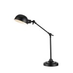 Portland lampa biurkowa w kolorze czarnym z metalowym kloszem i regulowanym ramieniem. Ustawiona na okrągłej podstawie, z widocznym gwintem E27. Wzornictwo klasyczne, idealna do biura lub domowego gabinetu.