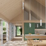 Lampa wisząca Karbon 3P w kolorze białym z trzema oprawami GU10, zawieszona w nowoczesnym wnętrzu. Przedstawiona w aranżacji kuchennej z drewnianym wykończeniem, zielonymi akcentami i naturalnym oświetleniem.