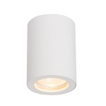 Biała lampa sufitowa w kształcie tuby, 1-punktowa, o prostym, cylindrycznym designie. Zainstalowana w górnej części, z widocznym źródłem światła w dolnej części oprawy. Wodoodporność IP65, idealna do wnętrz i na zewnątrz.