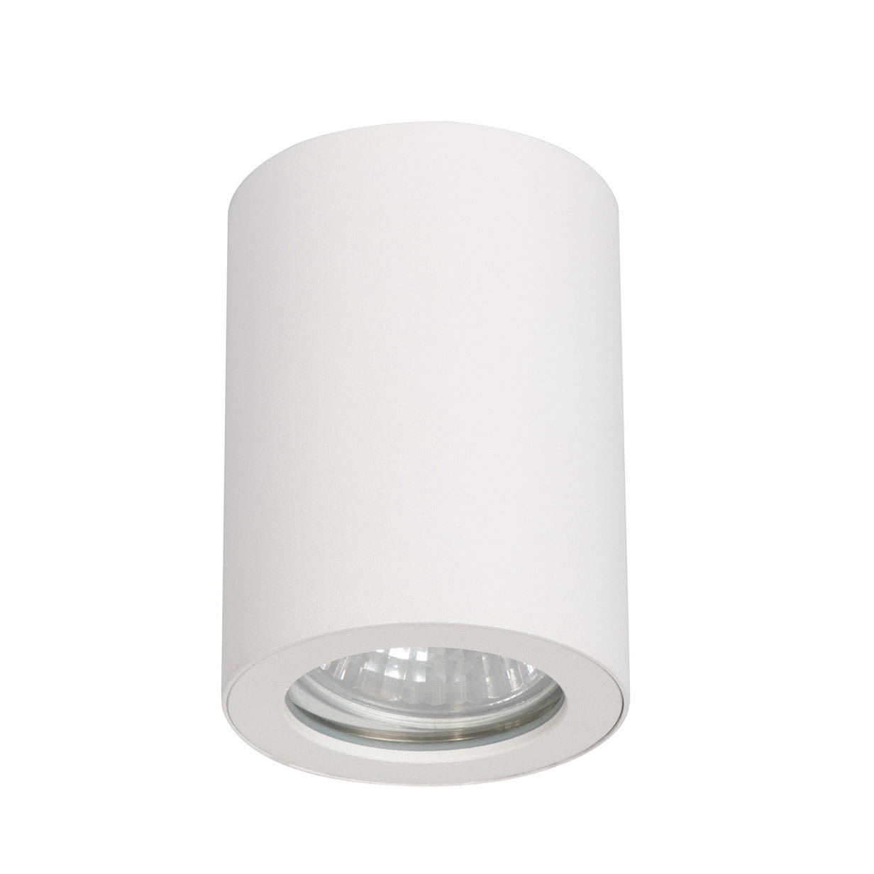 Biała lampa sufitowa tuba 1-punktowa Faro LP-6510/1SM WH, o cylindrycznym kształcie, z widoczną żarówką na dole, zamontowana na suficie. Wykończenie matowe, odporne na wilgoć (IP65).