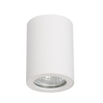 Biała lampa sufitowa tuba 1-punktowa Faro LP-6510/1SM WH, o cylindrycznym kształcie, z widoczną żarówką na dole, zamontowana na suficie. Wykończenie matowe, odporne na wilgoć (IP65).