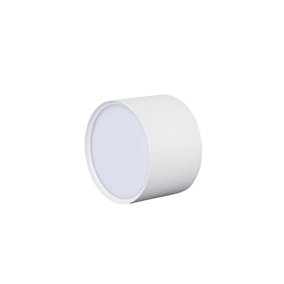 Biała lampa sufitowa Kendal LED IP54 o okrągłym kształcie, z matową obudową. Umieszczona w pozycji leżącej, z widocznym kloszem na górze. Produkt przystosowany do użytku w warunkach wilgotnych, z oznaczeniem IP54.