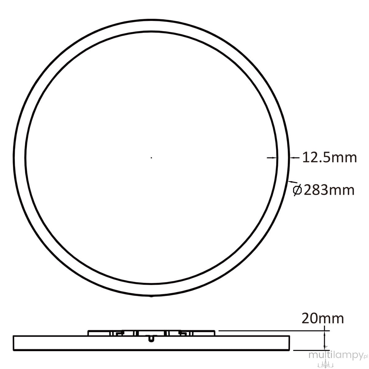 Pryzma D28 plafon 2xLED/IP44 w kolorze białym, okrągły kształt o średnicy 283 mm i grubości 20 mm, widoczny z boku. Zawiera wbudowane oświetlenie LED, przeznaczony do użytku w pomieszczeniach o podwyższonej wilgotności.