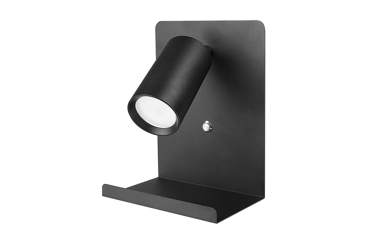 Kinkiet Kaliso w kolorze czarnym z gniazdem USB, z ruchomą lampą 1xGU10, montowany na ścianie. Posiada prostokątną podstawę i przycisk włączający. Idealny do czytania, w minimalistycznym stylu.