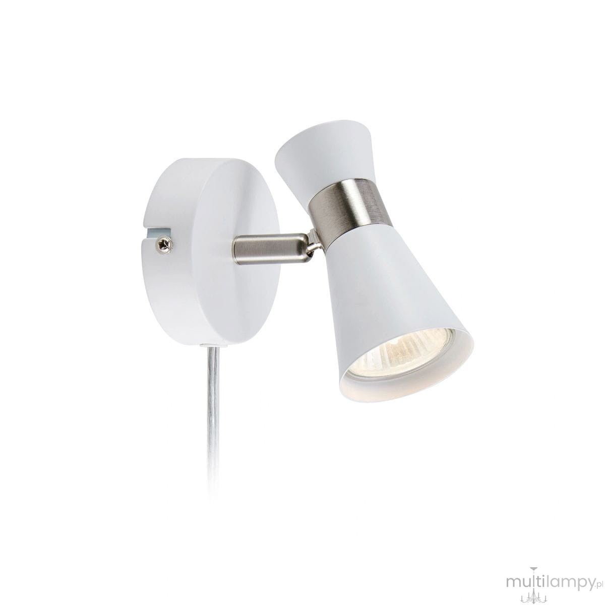 Kinkiet w kolorze białym z niklowanym detalem. Lampa ma okrągłą podstawę i regulowany klosz w kształcie stożka, skierowany w dół. Widoczny gwint GU10. Prosty design, idealny do nowoczesnych wnętrz.