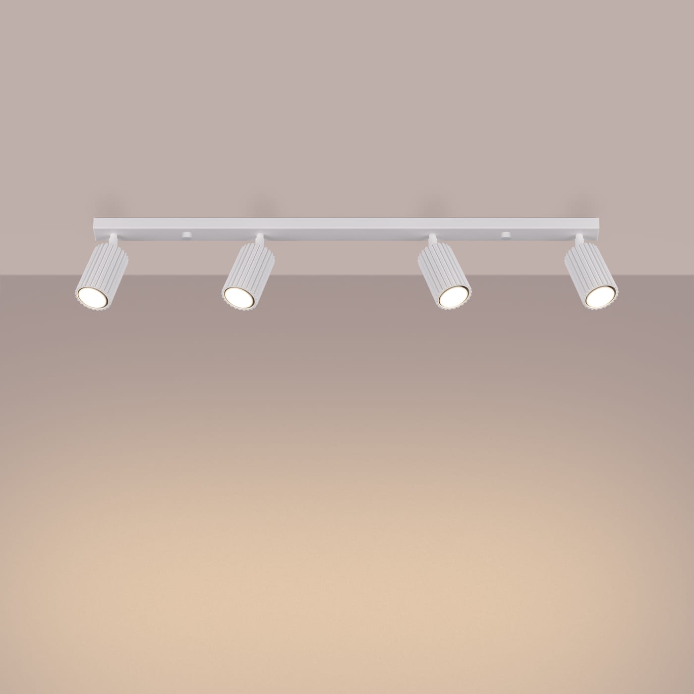 Lampa sufitowa Karbon L w kolorze białym z czterema reflektorami typu GU10. Reflektory mają teksturowane uchwyty, zamontowane na prostokątnej podstawie. Ujęcie frontalne, pokazujące lampę wiszącą na jednolitym tle.