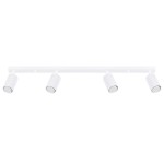 Lampa sufitowa Karbon L w kolorze białym, z czterema ruchomymi spotami na stelażu. Każdy spot ma cylindryczny kształt z teksturowaną powierzchnią. Produkt zamontowany na płaskiej, białej listwie, widoczny w ujęciu frontalnym.