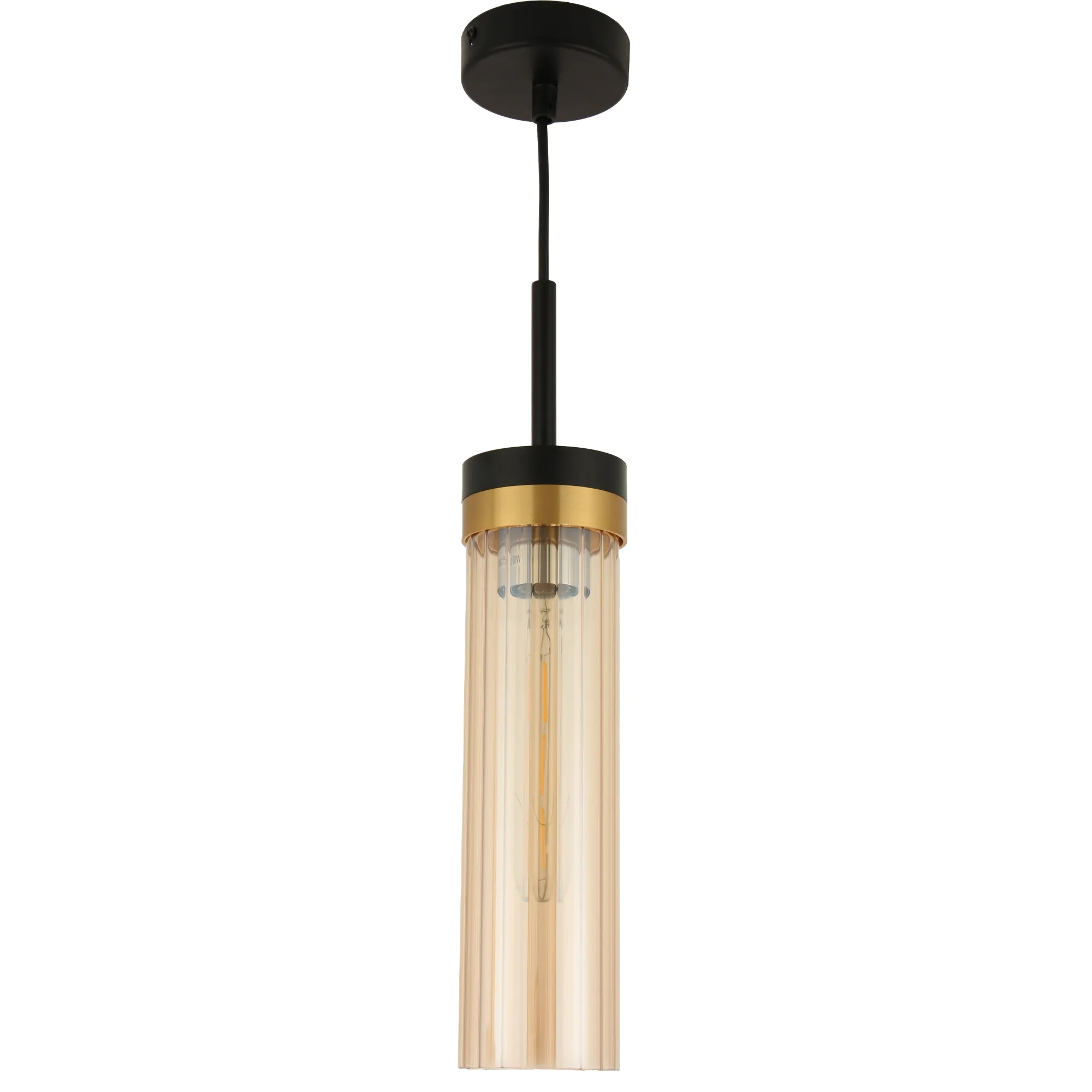 Lampa wisząca Malika z oprawą w kolorze czarnym i złotym. Posiada prostokątną, przezroczystą osłonę, zawieszoną na czarnym kablu. Idealna do nowoczesnych wnętrz, w której widoczna jest żarówka E27.