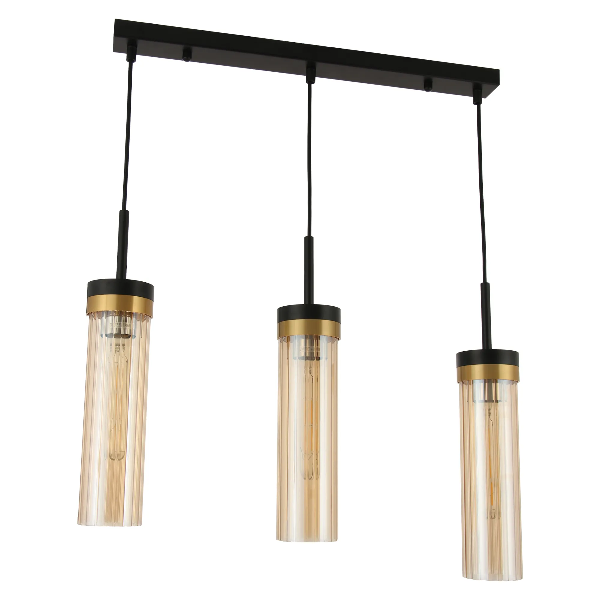 Lampa wisząca Malika z trzema źródłami światła E27 w kolorze czarnym i złotym. Ułożona równolegle, z transparentnymi kloszami w formie cylindrów, zawieszona na czarnym stelażu. Idealna do nowoczesnych wnętrz.