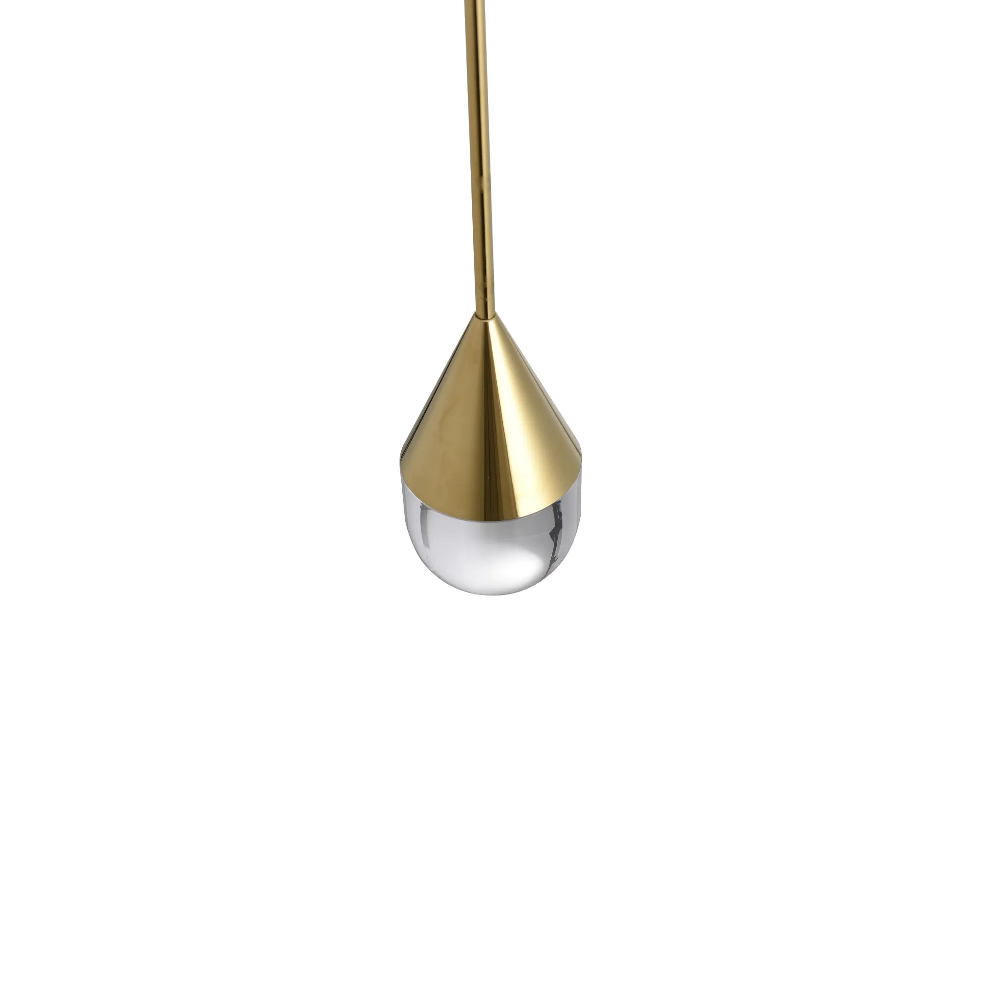 Lampa wisząca Nata IP44 w złotym kolorze, z metalowym stożkiem i przezroczystym kloszem, zawieszona na cienkim drążku. Kluczowe cechy to elegancki design oraz jednofazowe źródło LED o mocy 6W.