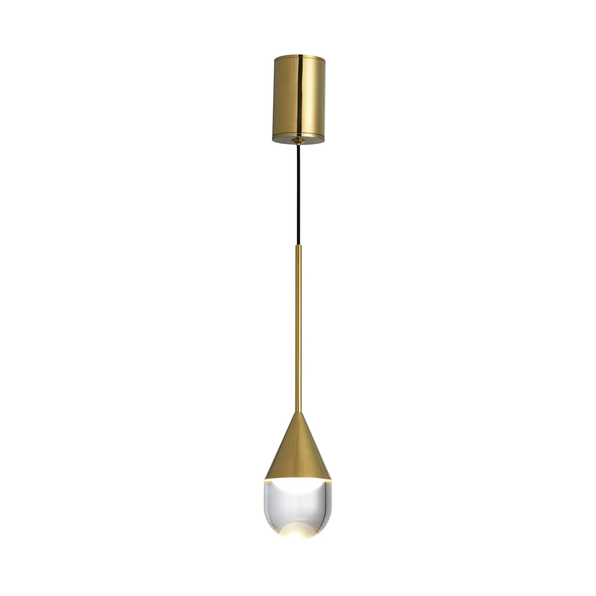 Złota lampa wisząca Nata IP44 z jedną żarówką LED 6W, o stożkowej formie z przezroczystym kloszem. Zamontowana na cienkim, czarnym przewodzie, wisi w pozycji pionowej, idealna do nowoczesnych wnętrz.