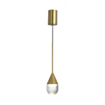 Złota lampa wisząca Nata IP44 z jedną żarówką LED 6W, o stożkowej formie z przezroczystym kloszem. Zamontowana na cienkim, czarnym przewodzie, wisi w pozycji pionowej, idealna do nowoczesnych wnętrz.