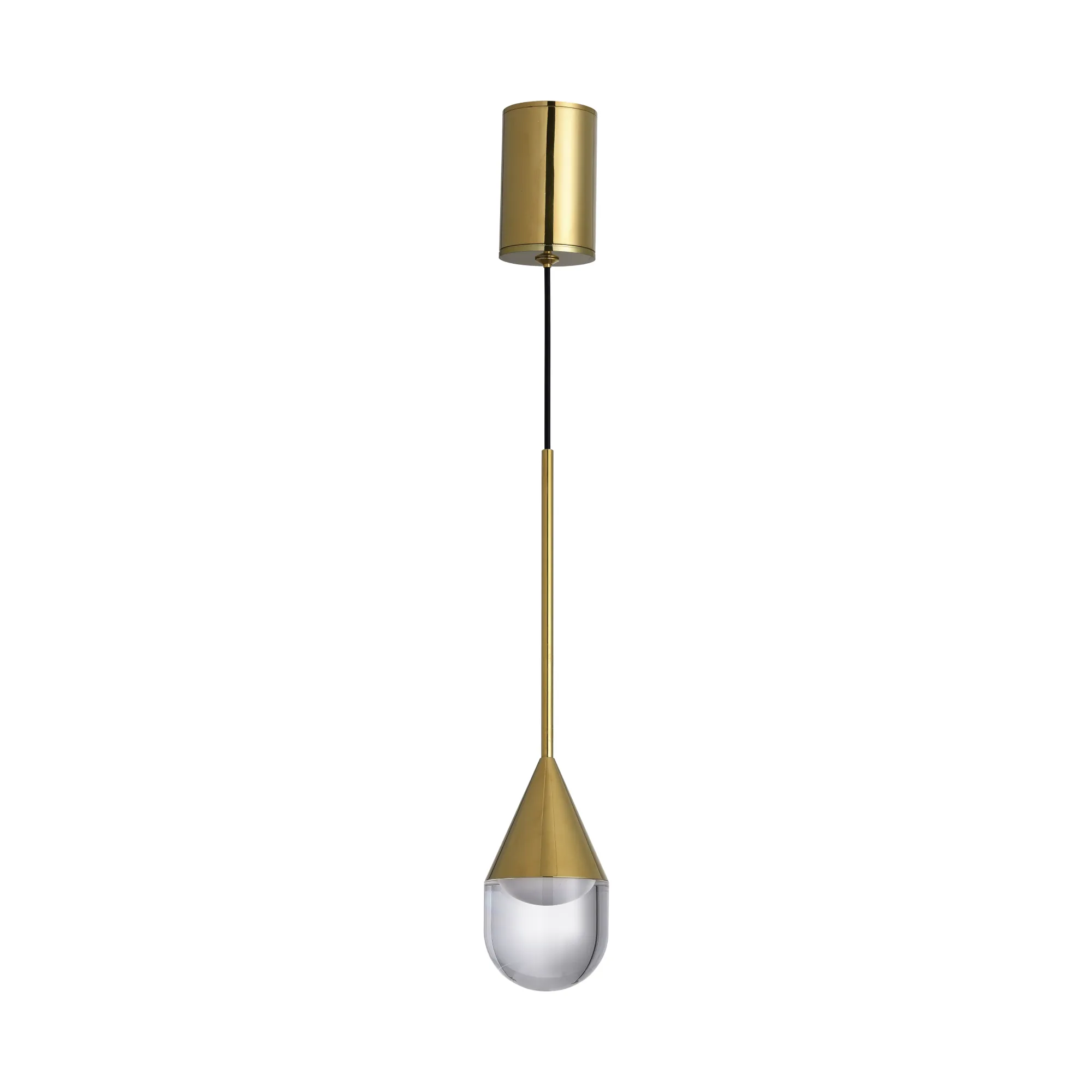Lampa wisząca Nata IP44 w kolorze złotym, z jednym źródłem światła LED 6W. Wyposażona w metalowy klosz w kształcie stożka oraz przezroczystą część dolną. Zawieszona na cienkim czarnym przewodzie, w pozycji pionowej.