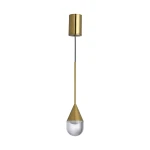 Lampa wisząca Nata IP44 w kolorze złotym, z jednym źródłem światła LED 6W. Wyposażona w metalowy klosz w kształcie stożka oraz przezroczystą część dolną. Zawieszona na cienkim czarnym przewodzie, w pozycji pionowej.