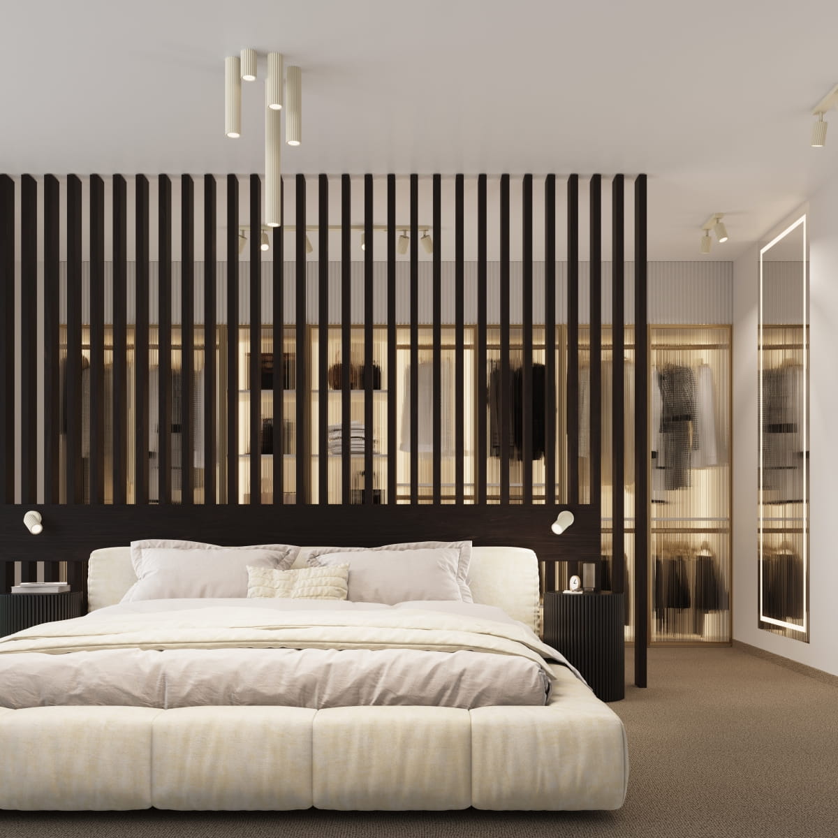 Beżowa lampa sufitowa Karbon 30 z jedną oprawą GU10, umieszczona w nowoczesnej sypialni. Widziana z dołu, z widocznymi prostokątnymi elementami. Doskonała do oświetlenia wnętrza. Tło o prostym wzorze w odcieniach brązu i beżu.