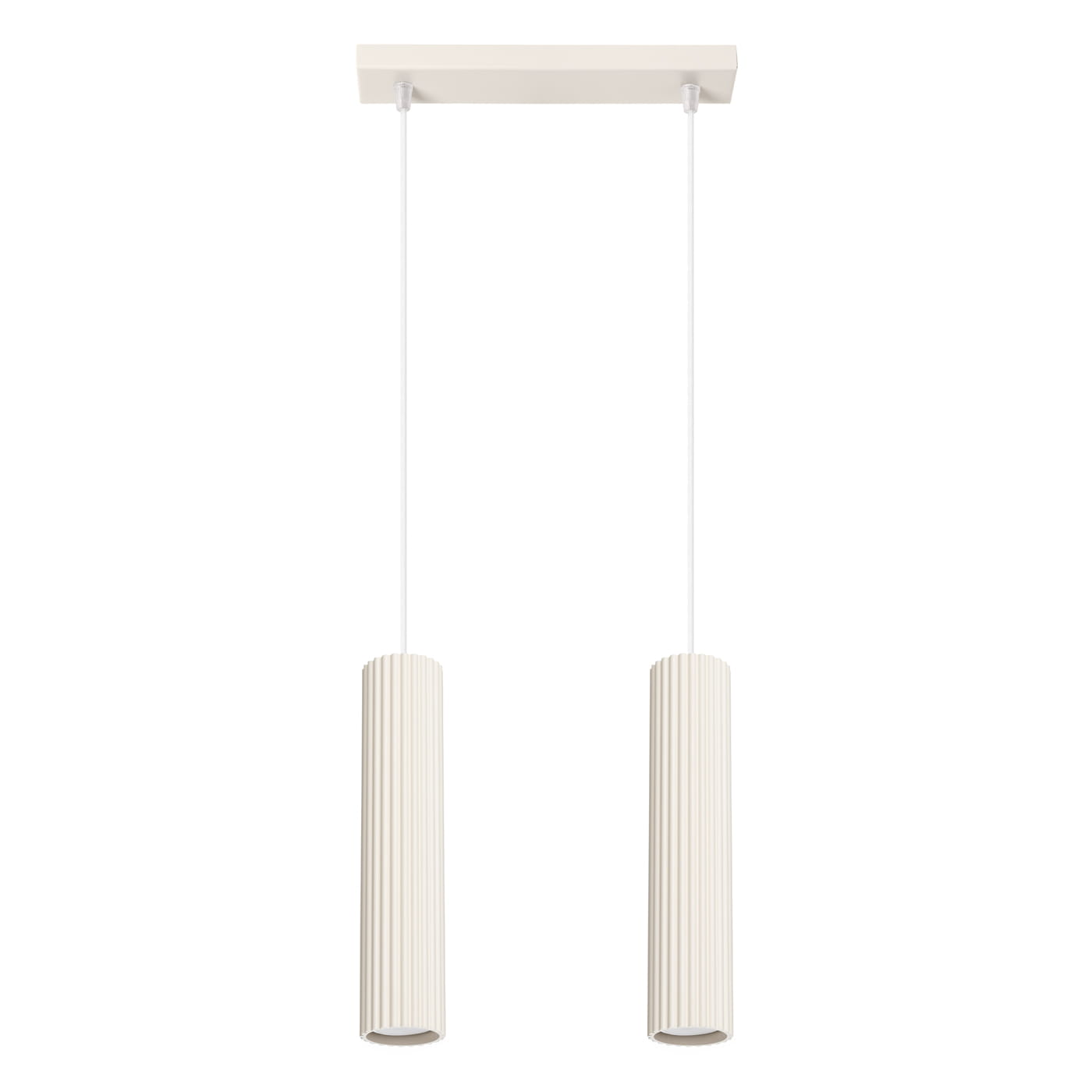 Beżowa lampa wisząca Karbon 2 z dwoma cylindrycznymi kloszami, z fakturą żłobioną, zawieszona na białych kablach. Montaż sufitowy, minimalistyczny design, idealna do nowoczesnych wnętrz.