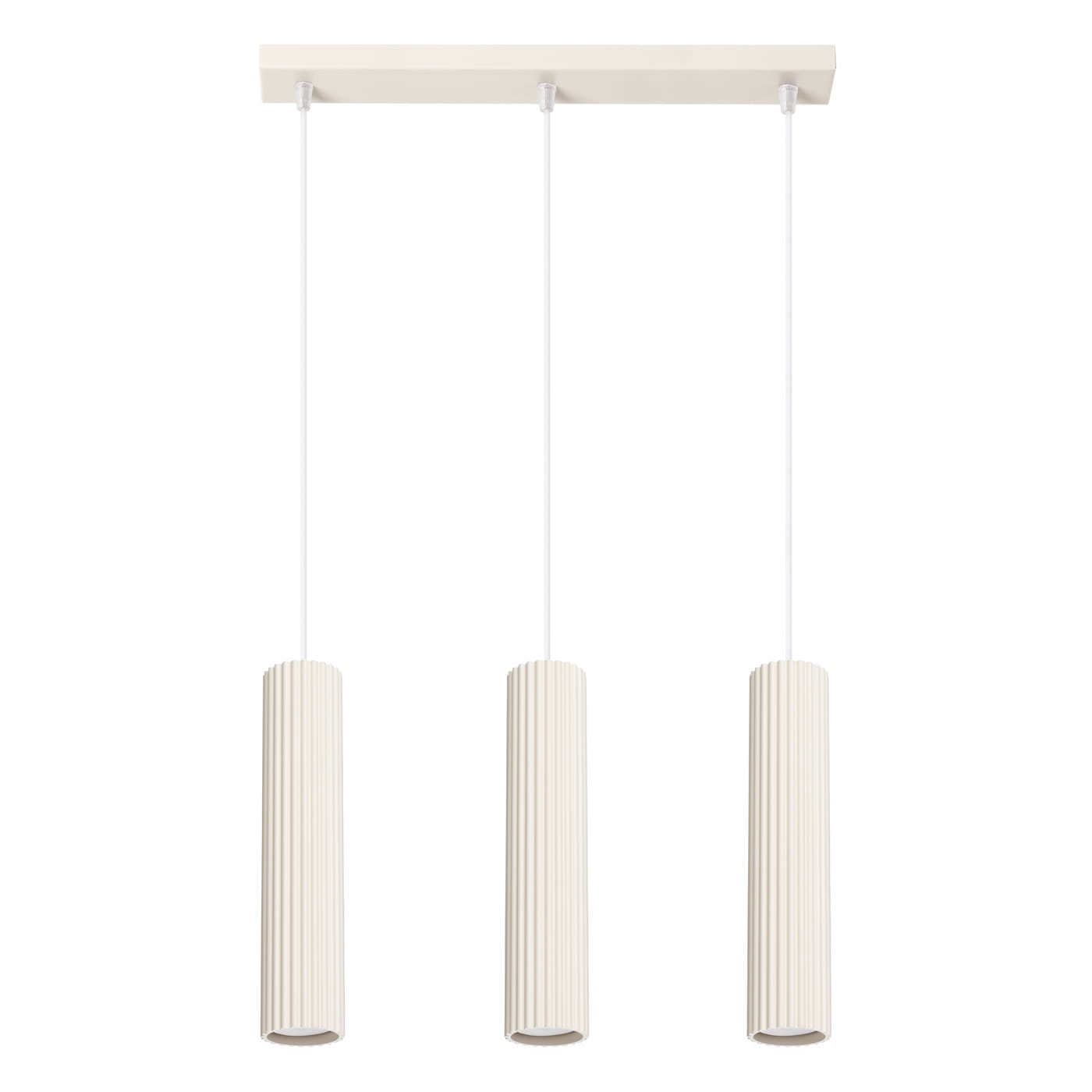 Lampa wisząca Karbon 3 w beżowym kolorze z trzema cylindrycznymi kloszami, zawieszonymi na białych linkach. Klasyczny design z rowkowaną fakturą. Montaż sufitowy, idealna do nowoczesnych wnętrz.
