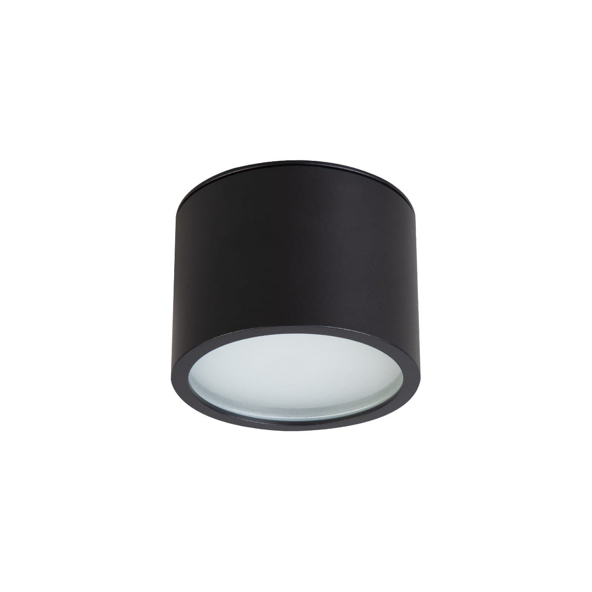 Czarna lampa sufitowa w kształcie tuby, wykonana z metalu, z przezroczystym kloszem. Ujęcie frontalne, produkt zamontowany na suficie. Wodoodporność IP65, przeznaczona do użytku wewnętrznego i zewnętrznego, z gniazdem GX53.