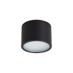 Czarna lampa sufitowa w kształcie tuby, wykonana z metalu, z przezroczystym kloszem. Ujęcie frontalne, produkt zamontowany na suficie. Wodoodporność IP65, przeznaczona do użytku wewnętrznego i zewnętrznego, z gniazdem GX53.