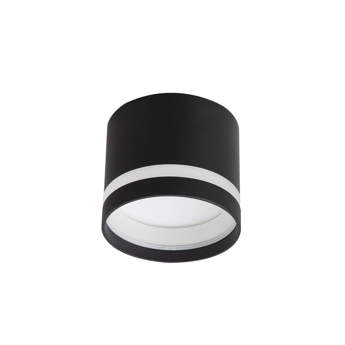 Lampa sufitowa Kendal w kolorze czarnym, z miejscem na żarówkę GX53. Okrągła, matowa obudowa z białą dekoracyjną linią. Ujęcie z góry, ukazujące detale konstrukcji oraz otwór na żarówkę. Idealna do nowoczesnych wnętrz.