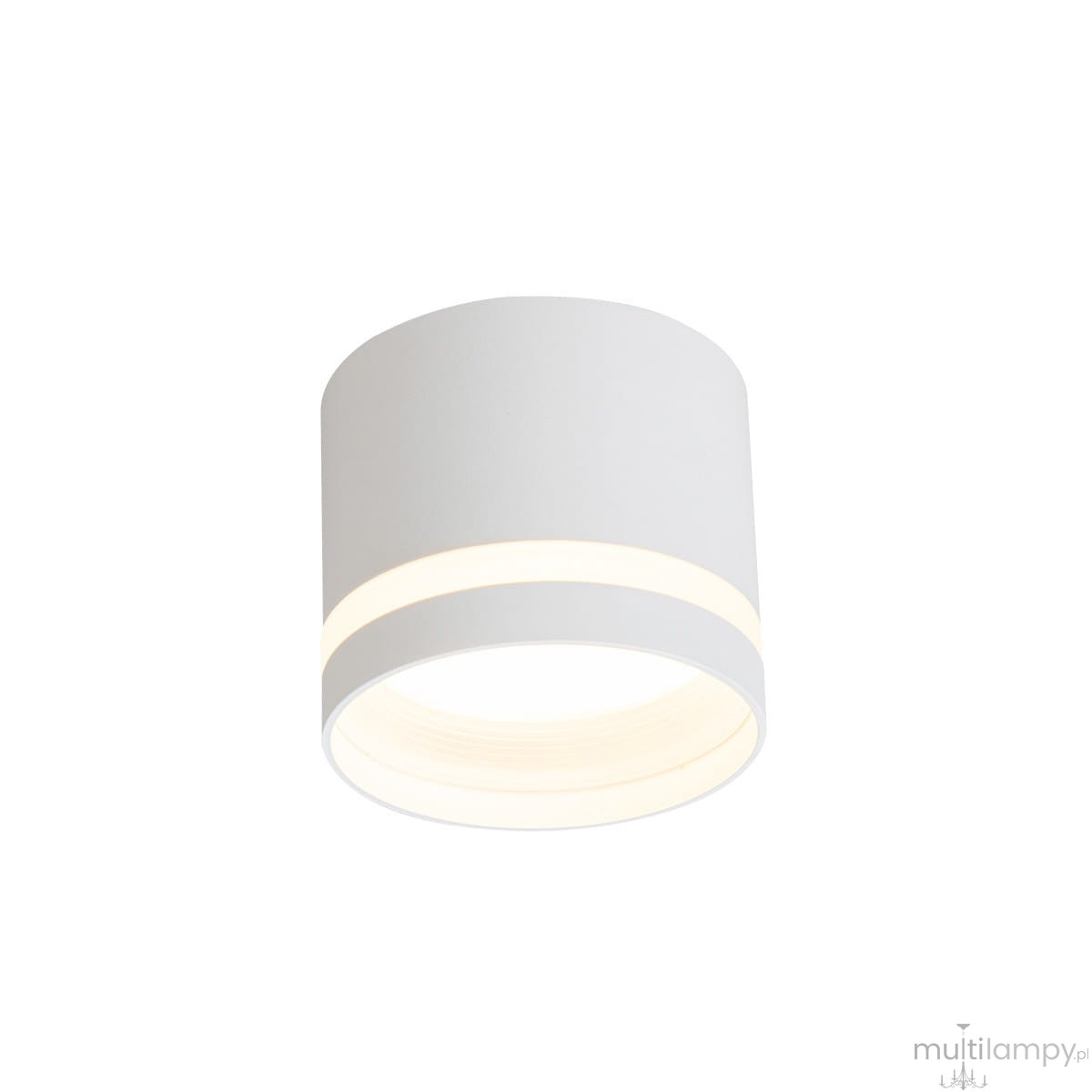 Lampa sufitowa Kendal w kolorze białym, o cylindrycznym kształcie, z jednym źródłem światła GX53. Oświetlenie emitowane przez szczelinę w dolnej części lampy, widoczna tekstura materiału, montowana sufitowo.