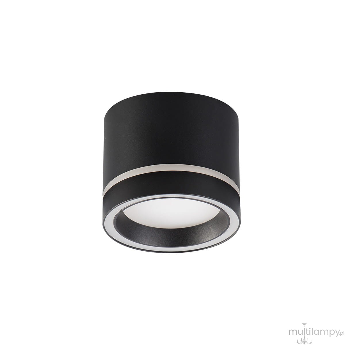 Lampa sufitowa Kendal w kolorze czarnym, o okrągłym kształcie. Wykonana z matowego materiału, z białym kloszem i delikatnym, metalicznym wykończeniem. Ujęcie z dołu, prezentujące lampę w pozycji zamontowanej na suficie.