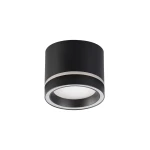Lampa sufitowa Kendal w kolorze czarnym, o okrągłym kształcie. Wykonana z matowego materiału, z białym kloszem i delikatnym, metalicznym wykończeniem. Ujęcie z dołu, prezentujące lampę w pozycji zamontowanej na suficie.