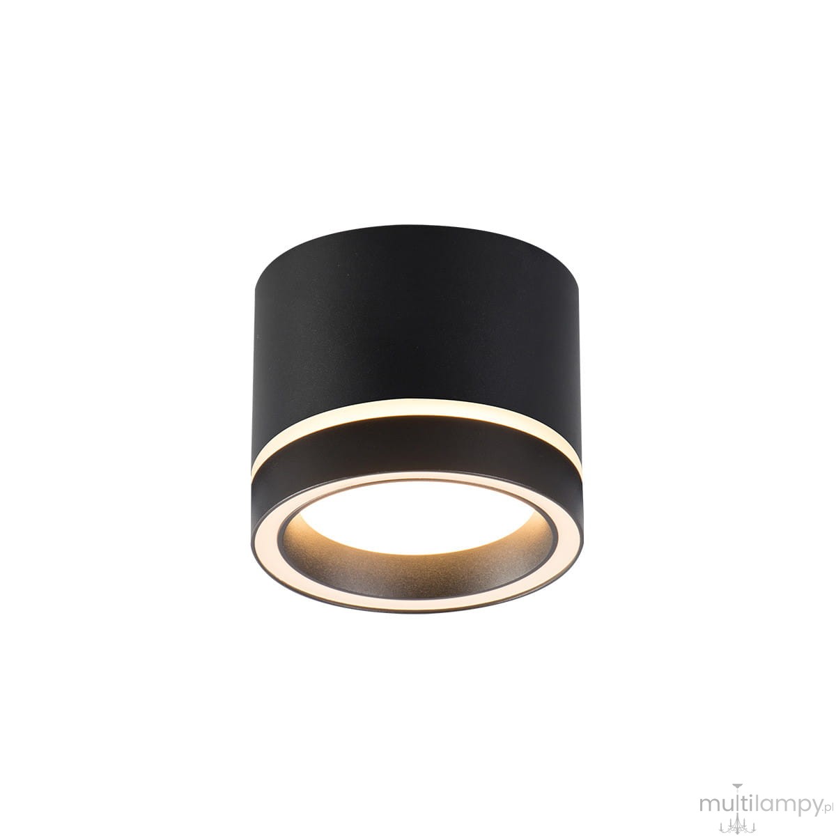 Lampa sufitowa Kendal w kolorze czarnym, o cylindrycznym kształcie z białym paskiem LED, montowana na suficie. Widoczna oprawa GX53, zbliżenie na detal wnętrza lampy. Prosta, nowoczesna konstrukcja, idealna do minimalistycznych wnętrz.