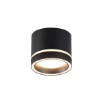 Lampa sufitowa Kendal w kolorze czarnym, o cylindrycznym kształcie z białym paskiem LED, montowana na suficie. Widoczna oprawa GX53, zbliżenie na detal wnętrza lampy. Prosta, nowoczesna konstrukcja, idealna do minimalistycznych wnętrz.