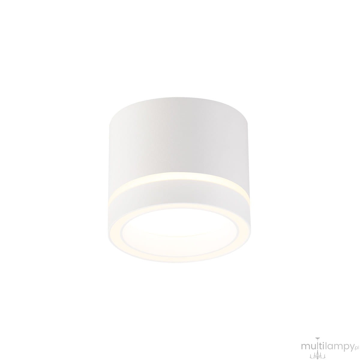 Biała lampa sufitowa Kendal z pojedynczym gniazdem GX53, o cylindrycznym kształcie. Produkt ma matową powierzchnię i delikatne, okrągłe wcięcie, które emitują światło. Ujęcie frontalne, wisząca konstrukcja.