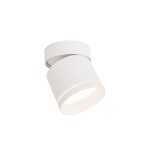 Biała lampa sufitowa Kendal (spot) z ruchomym kloszem, wykonana z metalu. Kształt cylindryczny, z delikatnym wykończeniem. Źródło światła GX53, montowana na suficie, z widoczną oprawą w górnej części. Tło jasne i jednolite.