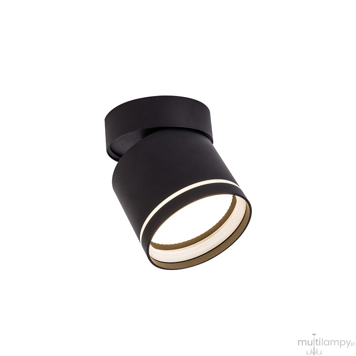 Czarna lampa sufitowa Kendal z ruchomym reflektorem, montowana na suficie. Wykonana z metalu, okrągła, z wbudowanym źródłem światła GX53. Ujęcie z boku, eksponujące górną część lampy i detale wykończenia.