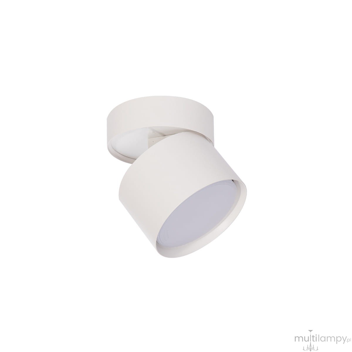 Biała lampa sufitowa Kendal typu spot z ruchomą oprawą na jedną żarówkę GX53. Ujęcie z boku, ukazujące okrągłą podstawę oraz obracaną część z kloszem. Prosty, nowoczesny design, idealna do różnych wnętrz.
