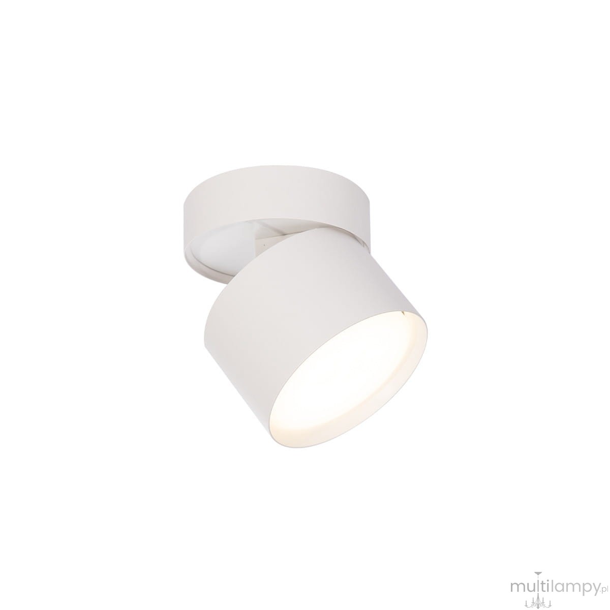 Lampa sufitowa Kendal w kolorze białym, z ruchomym kloszem, montowana na suficie. Okrągły klosz z lampą GX53, zbliżony do kształtu cylindra, skierowany w dół. Prosta konstrukcja, idealna do nowoczesnych wnętrz.