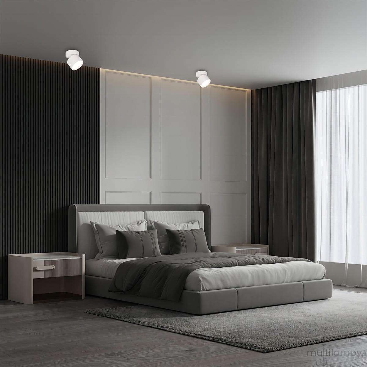 Lampa sufitowa Kendal (spot) 1xGX53 w kolorze białym, zamontowana na suficie w sypialni. Ujęcie z boku, ukazujące ruchomą konstrukcję i subtelne oświetlenie, w nowoczesnym wnętrzu z łóżkiem i zasłonami.
