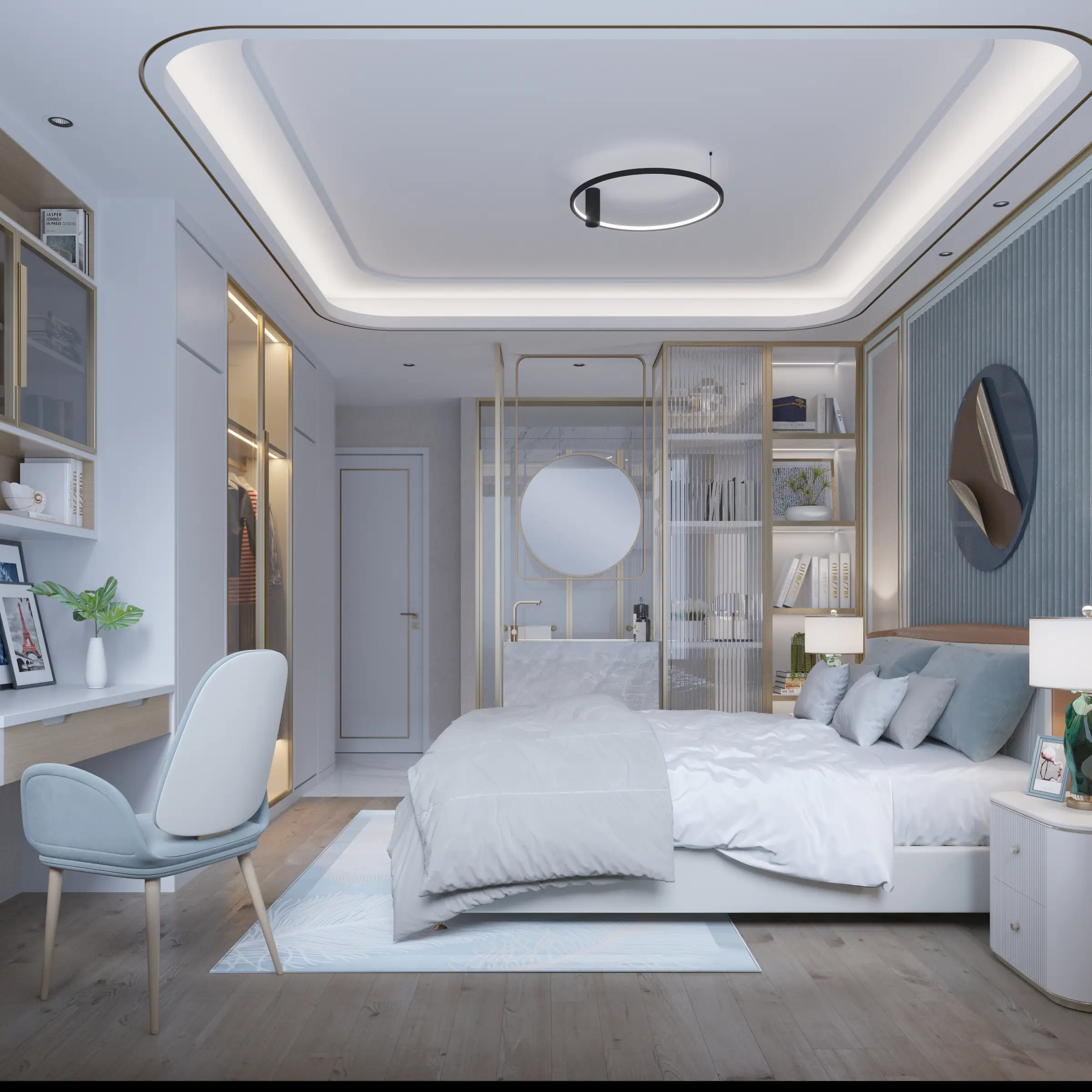 Lampa sufitowa Ringa D60 w kolorze czarnym, o średnicy 60 cm, z jedną diodą LED o mocy 35W, montowana na suficie. Ujęcie z góry, w eleganckiej sypialni z jasnym wystrojem oraz meblami w odcieniach beżu i bieli.