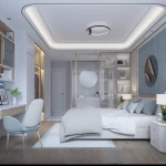 Lampa sufitowa Ringa D60 w kolorze czarnym, o średnicy 60 cm, z jedną diodą LED o mocy 35W, montowana na suficie. Ujęcie z góry, w eleganckiej sypialni z jasnym wystrojem oraz meblami w odcieniach beżu i bieli.