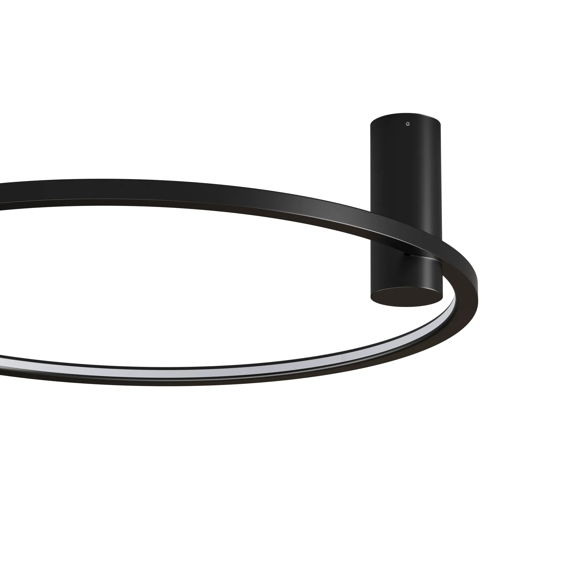 Czarna lampa sufitowa Ringa D60 z jedną diodą LED o mocy 35W, w kształcie okrągłego pierścienia. Montaż z boku, minimalistyczny design, materiał metalowy, klasa ochrony IP44. Tło białe, ukazujące detale konstrukcji.
