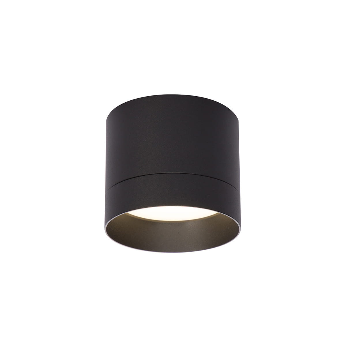 Czarna lampa sufitowa Kendal z oprawą GX53, cylindryczny kształt, matowa powierzchnia, z widoczną żarówką w środku. Ujęcie frontalne, lampa montowana na suficie, minimalistyczny design.