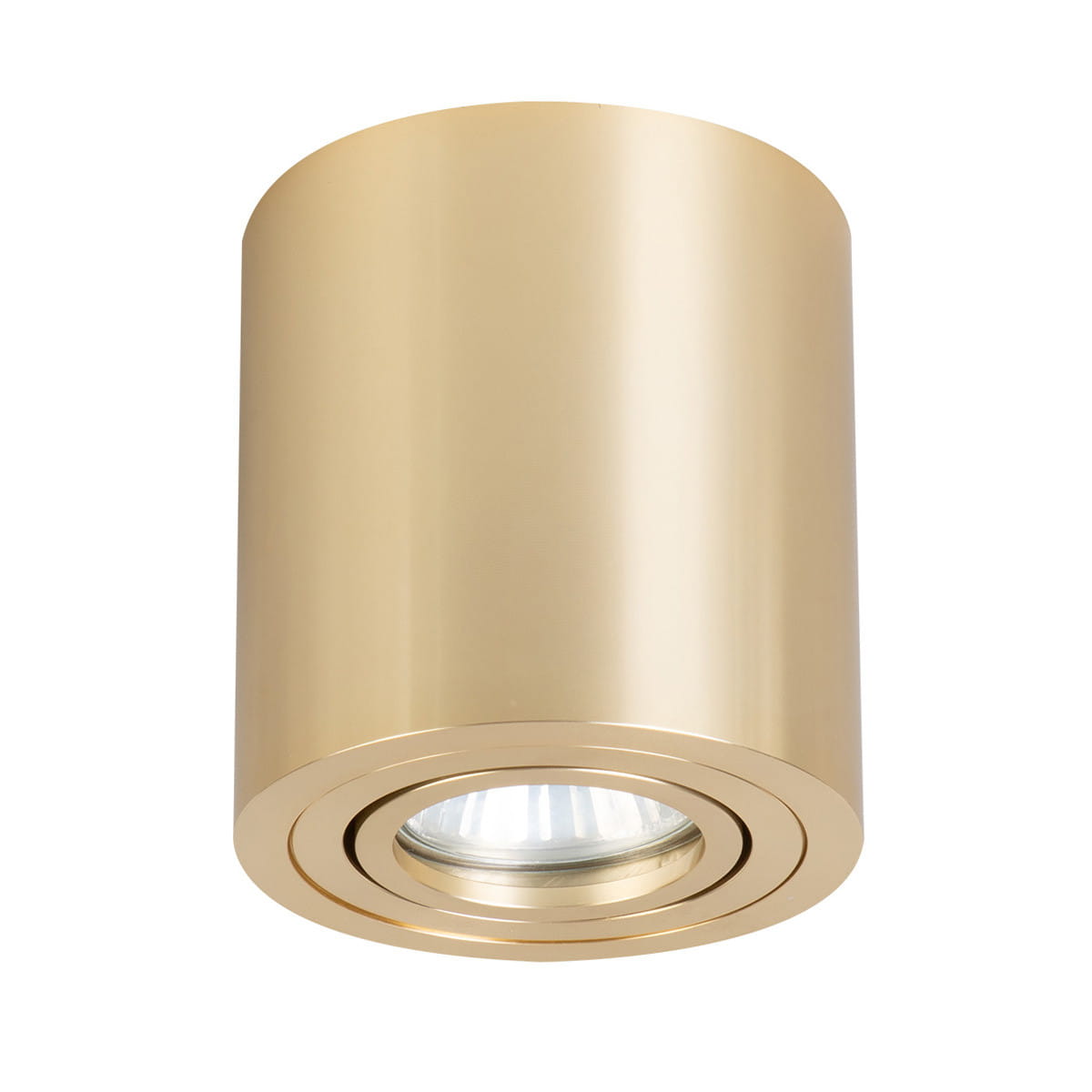 Lampa sufitowa Tulon 1-punktowa w kolorze złotym, cylindryczny kształt, z widocznym źródłem światła na spodzie, zamontowana w pozycji wiszącej. Błyszcząca powierzchnia metalowa, minimalistyczny design.