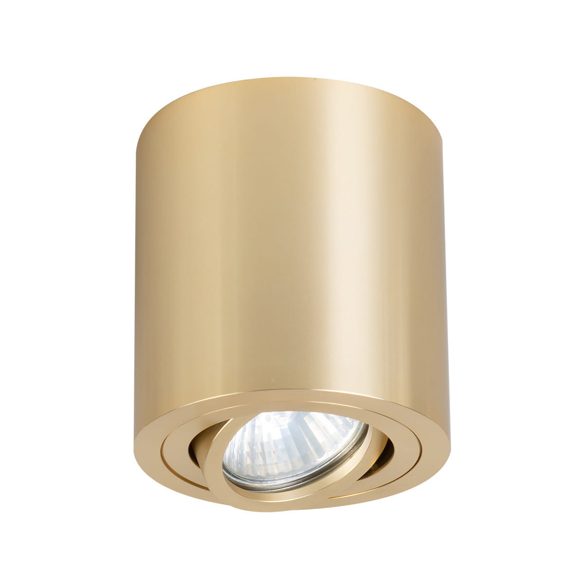 Złota lampa sufitowa Tulon LP-5441/1SM GD, cylindryczny kształt, wykończenie matowe, pojedynczy punkt świetlny z regulowanym kierunkiem światła, montowana na suficie, widoczna żarówka z przezroczystą osłoną.