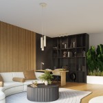 Beżowa lampa sufitowa (spot) z trzema oprawami GU10, zawieszona na cienkich linkach, w nowoczesnym wnętrzu z drewnianą ścianą i regałem. Oświetla strefę wypoczynkową z jasną sofą i okrągłym stolikiem.