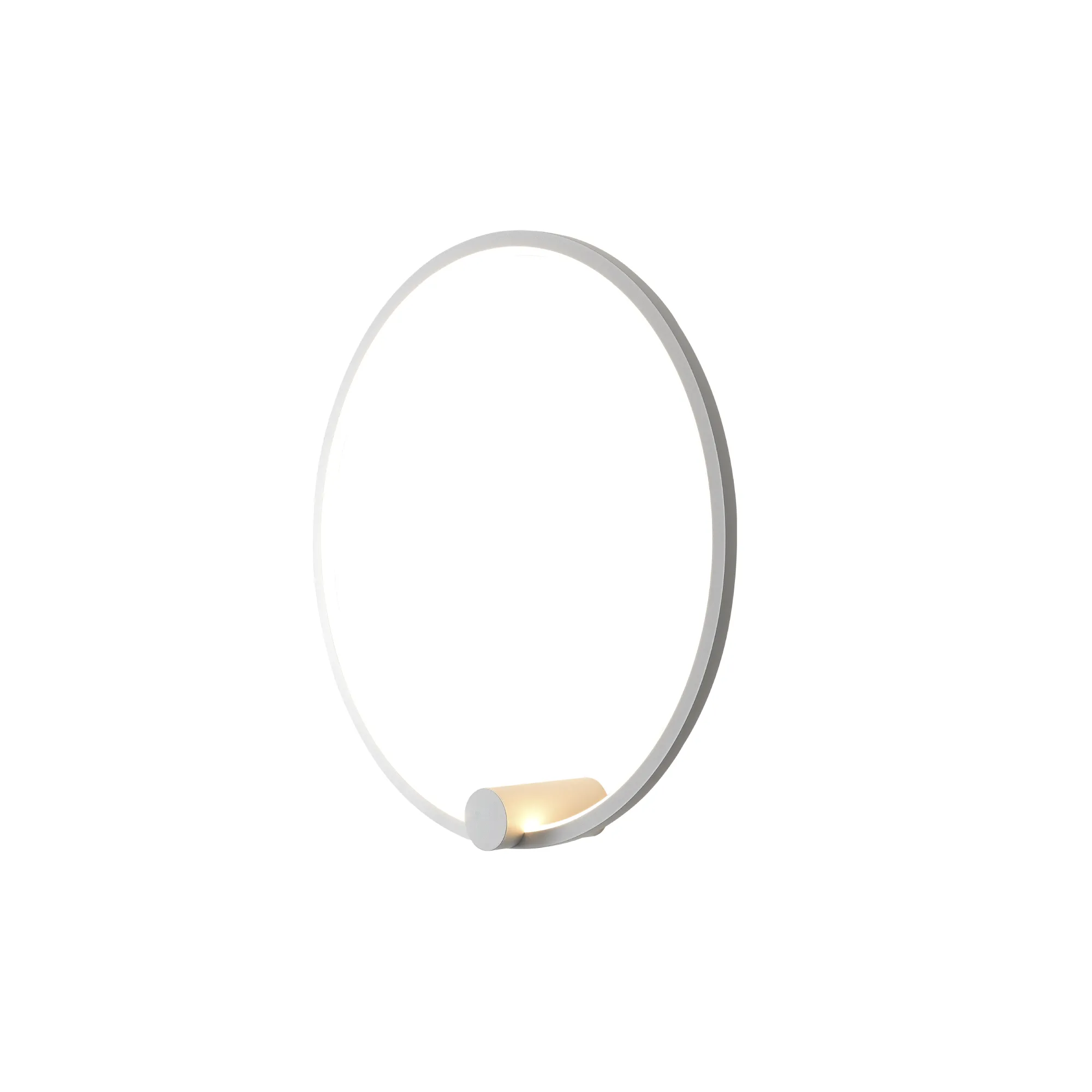 Biały kinkiet Ringa D60 z okrągłym kształtem, zintegrowanym źródłem światła LED 35W. Ujęcie z boku pokazuje minimalistyczny design oraz podświetlenie w dolnej części. Produkt ma klasę ochrony IP44, co wskazuje na odporność na wilgoć.