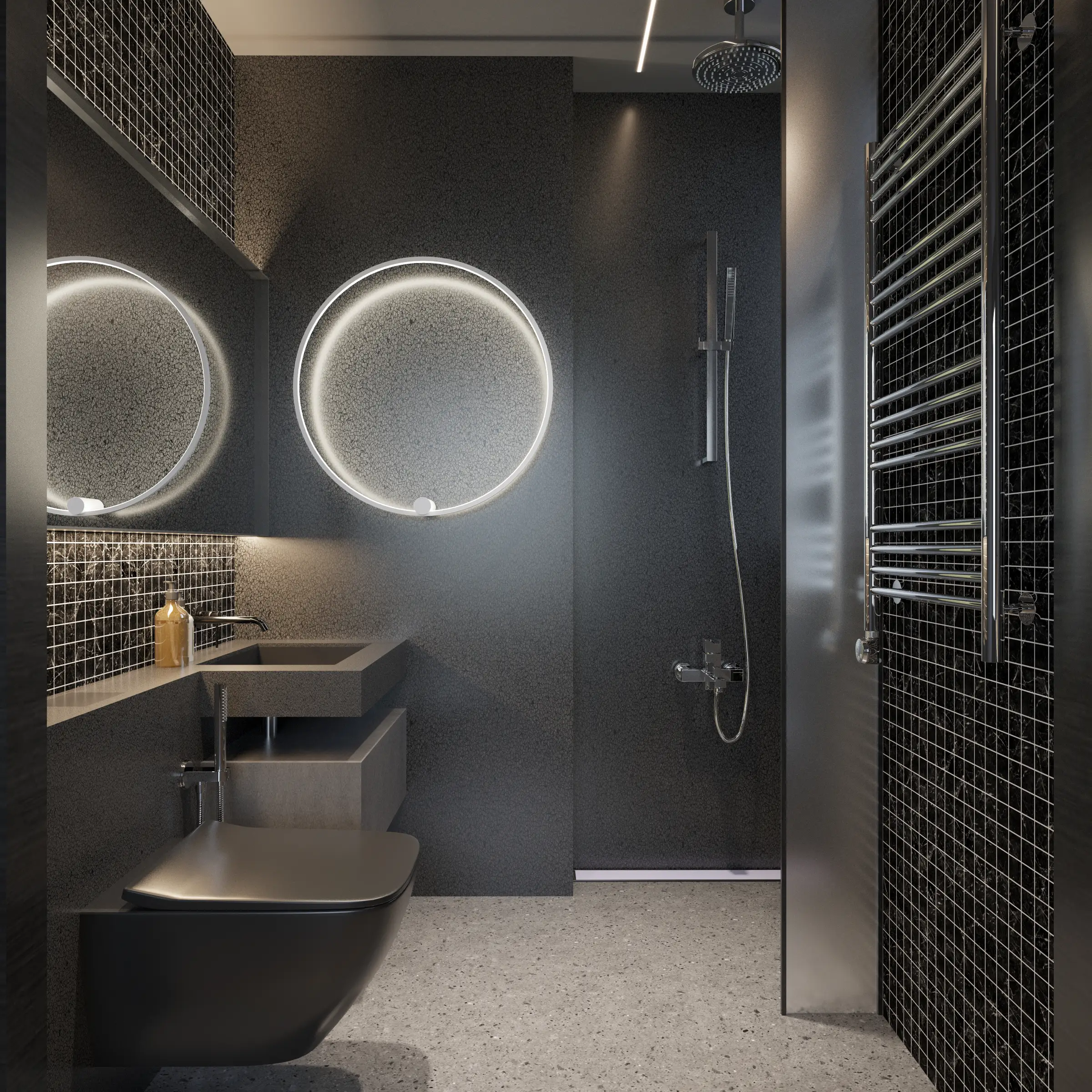 Kinkiet Ringa D90 w kolorze białym, z jedną diodą LED o mocy 45W, umieszczony na tle ciemnej łazienki. Okrągły kształt i subtelne podświetlenie tworzą nowoczesny efekt, montowany na ścianie obok lustra. Wysoka klasa ochrony IP44.