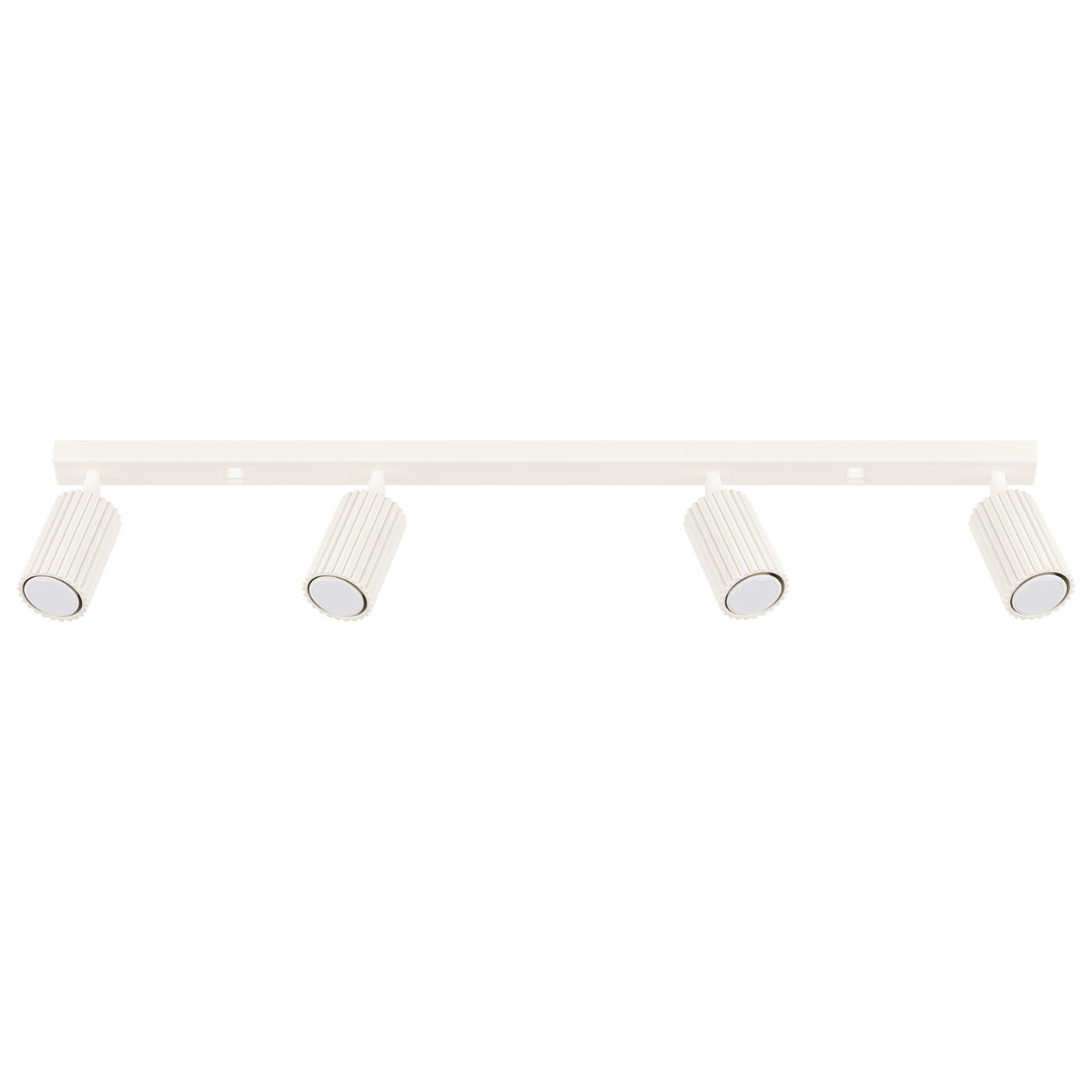 Beżowa lampa sufitowa Karbon L z czterema reflektorami GU10, umieszczona na prostokątnej podstawie. Reflektory mają żłobioną teksturę i są zamocowane pod kątem, co umożliwia regulację kierunku światła. Tło białe, co podkreśla kolor lampy.