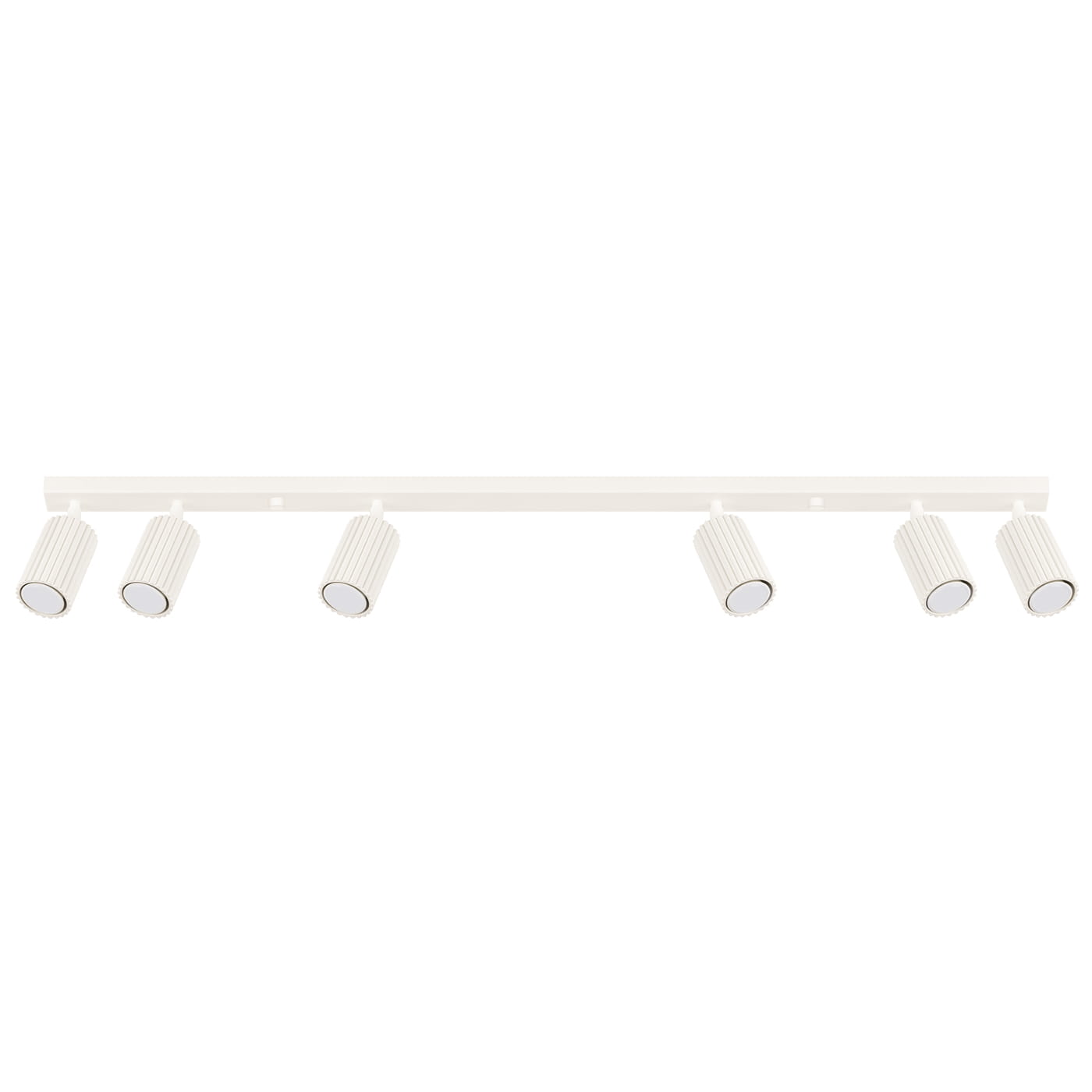 Beżowa lampa sufitowa Karbon z sześcioma reflektorami GU10, zamontowana na prostokątnej, płaskiej podstawie. Reflektory mają żebrowaną teksturę, skierowane w różnych kierunkach, na jednolitym, jasnym tle.