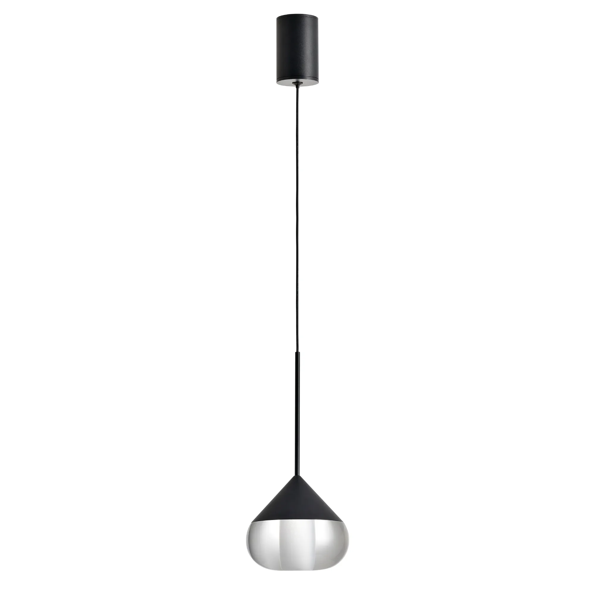 Czarna lampa wisząca Suza IP44 z jedną żarówką LED 6W. Posiada cylindryczny uchwyt sufitowy oraz zwisający klosz w kształcie stożka z przezroczystym dolnym fragmentem. Produkt zawieszony na cienkim przewodzie, w minimalistycznym, nowoczesnym stylu.
