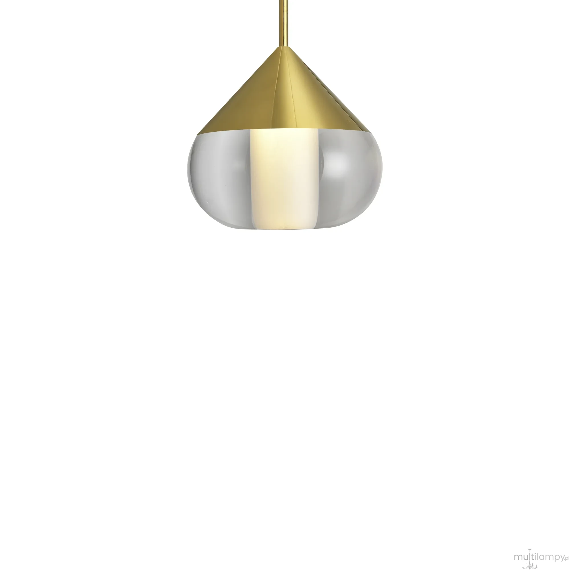 Lampa wisząca Suza IP44 z jednym źródłem LED 6W, w złotym kolorze. Kształt stożkowy z przezroczystym kloszem, zawieszona na cienkim przewodzie. Wnętrze lampy jasne, co podkreśla nowoczesny design. Tło białe, minimalistyczne.