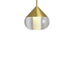 Lampa wisząca Suza IP44 z jednym źródłem LED 6W, w złotym kolorze. Kształt stożkowy z przezroczystym kloszem, zawieszona na cienkim przewodzie. Wnętrze lampy jasne, co podkreśla nowoczesny design. Tło białe, minimalistyczne.